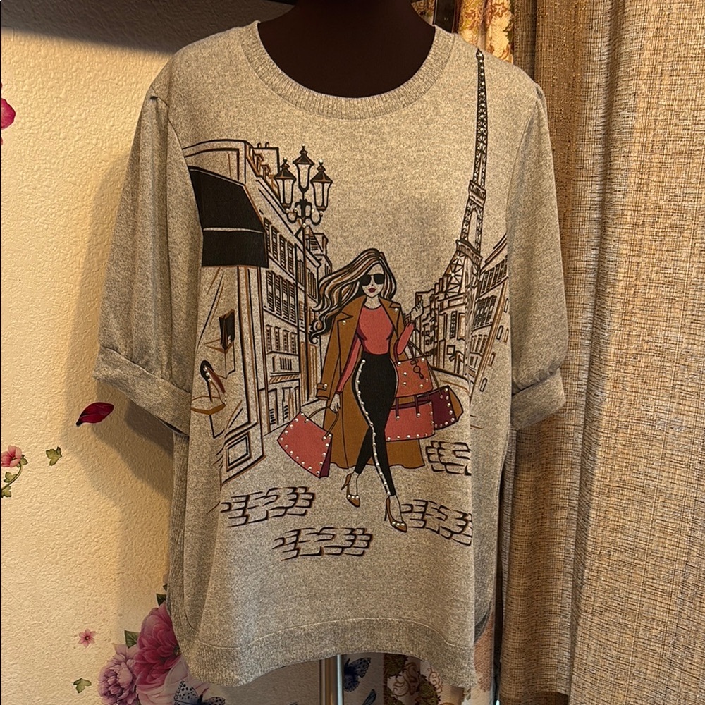 Love & Lace gray graphic knit sweatshirt with fashion illustration. Size 2X.